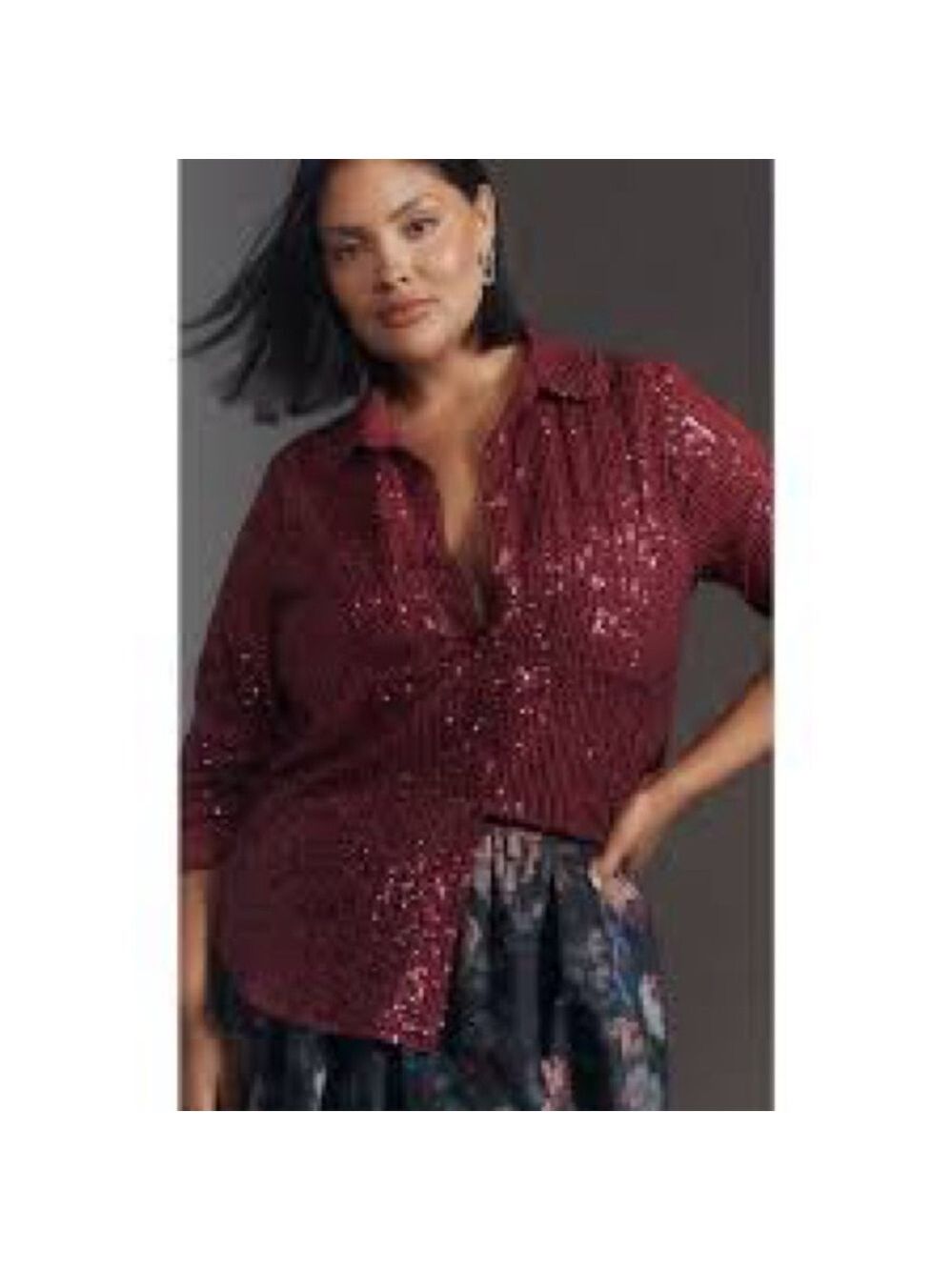 Anthropologie Remie Sequin Button Down Shirt Pink Berry Medium Long Sleeve